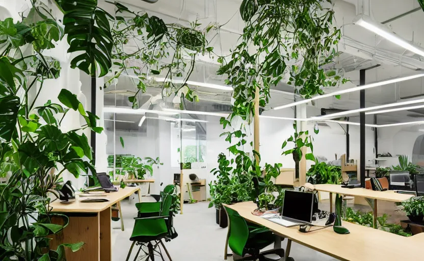 Image similar to jungle themed office space interior, multiple desks, minimalism, green, wood, japanese design, natural materials, beige, cupboards, large windows to a lush green courtyard with trees, retro futurism, swedish design, feng shui