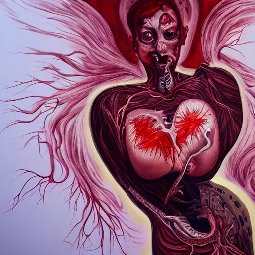 Image similar to hyper - detailed painting of a woman ripping out her heart!