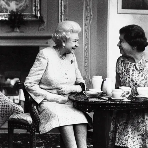 Image similar to photo of queen elizabeth having tea with a caveman