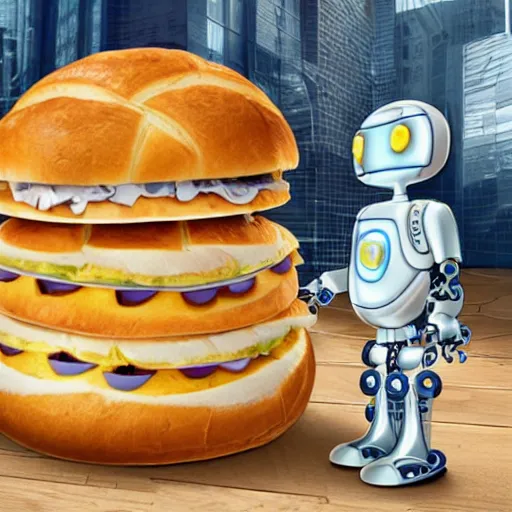 Image similar to a robot living inside a bread sandwish seen from outside, hyper detailed,