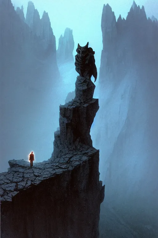 Image similar to emissary gargoyle standing of the edge of a cliff in the italian dolomites in the pouring rain during blue hour by arthur haas and bruce pennington and john schoenherr, cinematic matte painting, zaha hadid building, photo realism, dark moody color palate, blue hour stars, desolate glacial landscape,