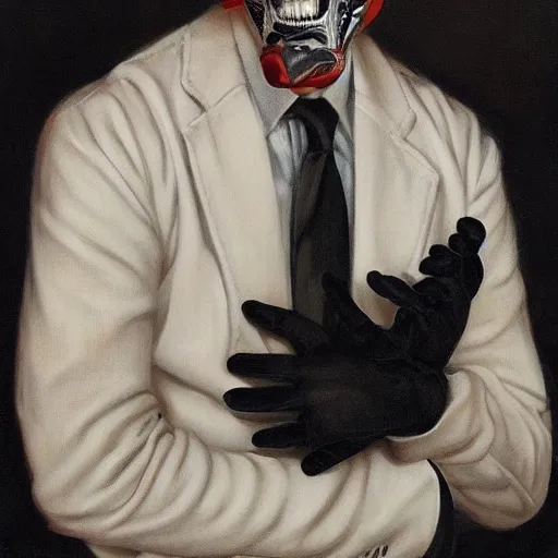 Image similar to portrait of a blond suited man with medical gloves and a skull mask, by Gerald Brom