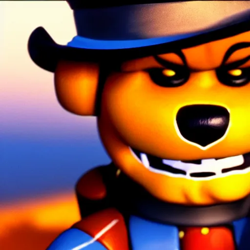 Image similar to Closeup of Freddy Fazbear in the Sahara desert, award winning Tarantino movie still, 35 mm, cinematic