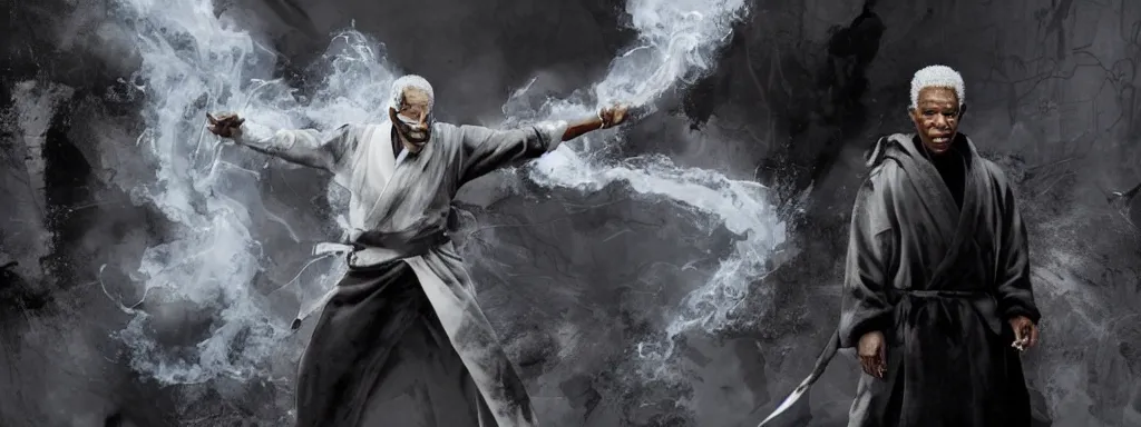 Image similar to Epic Concept art of morgan freeman in a one-piece white robe, the old man is alone, there are no other people, white hair and white beard, surrounded by black smoke, smoky, full body wuxia, Wudang Swordmanship by Chen Uen, art by Yoji Shinkawa, 4k