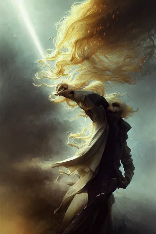 Image similar to johan liebert mixed with alucard picture by Greg Rutkowski, long fluffy blond curly hair, baroque curls, dynamic pose, matte painting, intricate, z brush, fantasy concept art, elegant, with a pot belly, by Stanley Artgerm Lau, WLOP, golden ratio, thomas kindkade, alphonse mucha, loish, Peter chung, norman Rockwell,