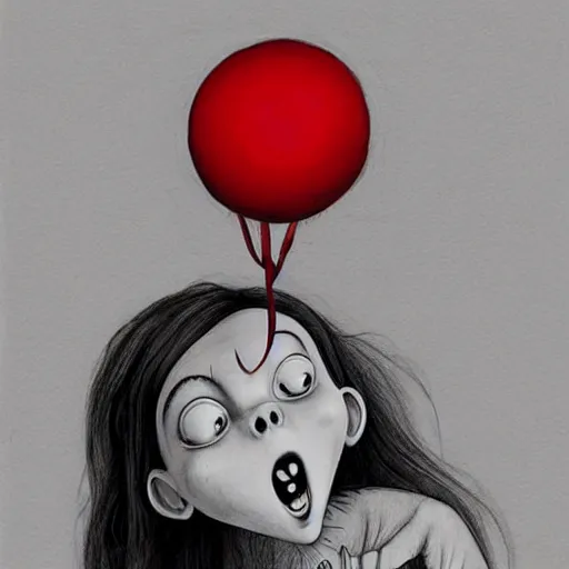 Image similar to sketch of Billie eilish with a wide smile and a red balloon by Zdzisław Beksiński, loony toons style, pennywise style, corpse bride style, creepy lighting, horror theme, detailed, elegant, intricate, conceptual, volumetric light