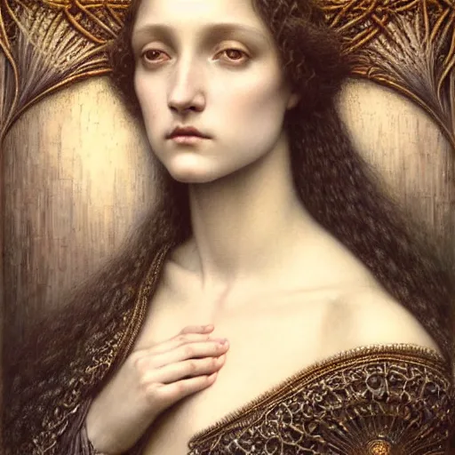 Image similar to detailed realistic beautiful young medieval queen face portrait by jean delville, tom bagshaw, brooke shaden, gustave dore and marco mazzoni, art nouveau, symbolist, visionary, gothic, pre - raphaelite, ornate gilded medieval icon, surreality, ethereal, unearthly, haunting, celestial, neo - gothic, ghostly, memento mori, nightmare