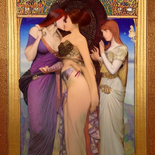 Image similar to a highly detailed byzantine painting of three sultry red haired vampire queens sharing a soft kiss under a waterfall in a gossamer purple dress, epic fantasy, viewed in profile from far away, ultrawide lens, art by artgerm and greg rutkowski and alphonse mucha, volumetric lighting, 4 k resolution, trending on artstation, masterpiece