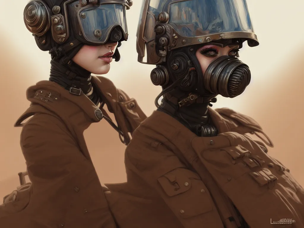 Image similar to portrait of dieselpunk blackpink lisa soldier girl, helmet, stormy sand desert, armored, highly detailed, digital painting, face detail, sharp focus, art, illustrations by loish and ayanamikodon and irakli nadar and rossdraws and wlop