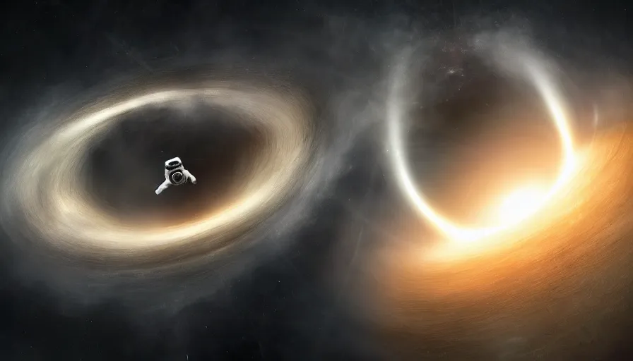 Image similar to an astronaut is falling inside a black hole and is bent into a vortex, volumetric lighting, interstellar, black hole light lensing, event horizon, digital art, wallpaper, 4 k