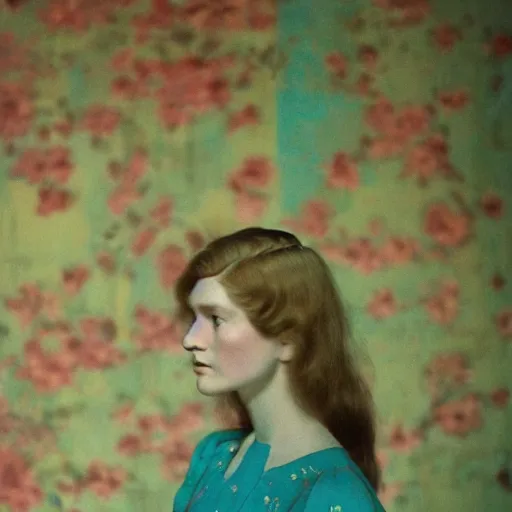 Prompt: close - up of a beautiful flowery girl in an soviet golden liminal abandoned room, film still by wes anderson, depicted by balthus, limited color palette, very intricate, art nouveau, highly detailed, lights by hopper, soft pastel colors