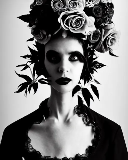 Image similar to dreamy surreal poetic black and white photo of a beautiful young female-cyborg-vegetal-robot with a very long neck and a super big gothic lace collar and a very high big floral crown with many black dry roses by Vivienne Westwood:: smoke, high fashion, haute couture, rococo, avant-garde, elegant, dreamy, hyper realistic, 150 mm lens, soft rim light, octane render, unreal engine, picture was taken in 1910 by Dora Maar, volumetric lighting, dramatic light,8k,