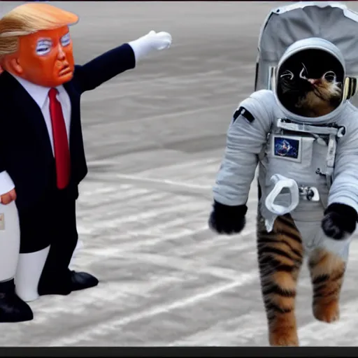 Image similar to cat astronaut gives a handshake to donald trump