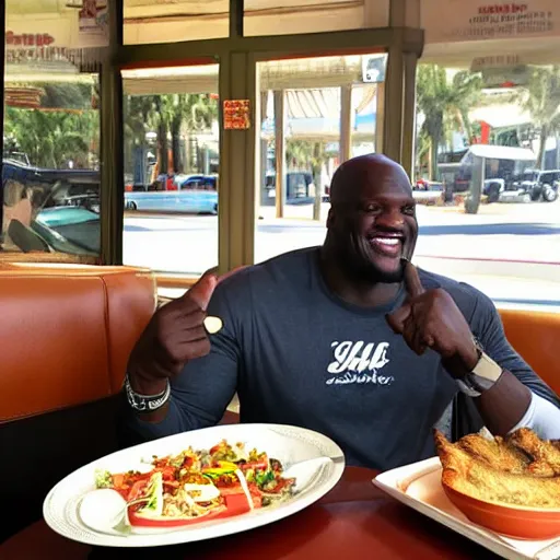 Prompt: shaq having lunch at the the flamingo cafe by william maranci