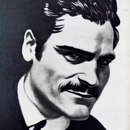 Image similar to “Joaquin Phoenix portrait, color vintage magazine illustration 1950”