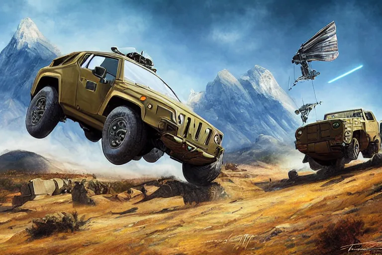 Prompt: a futurisitic well designed military vehicle designed by honda and lamborghini and boeing and jeep, military design, mountains in the distance, day, blue sky, sprong season, painting by asher brown durand and star wars movie, ultra mega detailed, beautiful realistic photo, professional photography, perfect