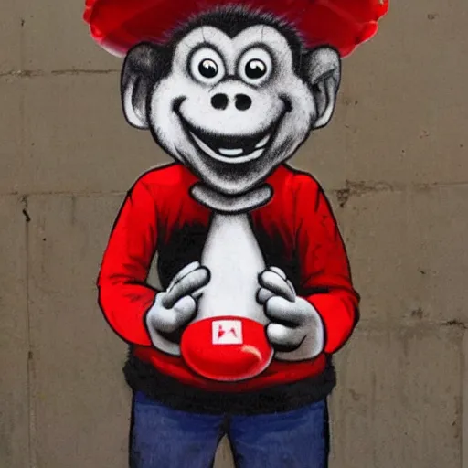 Image similar to chilled kong with red headphones on holding a amanita muscaria made by banksy