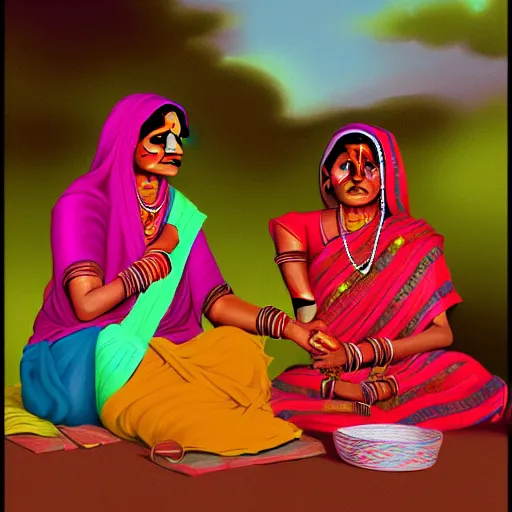 Image similar to aesthetic painting of indian rural women talking, trending on artstation, detailed digital art