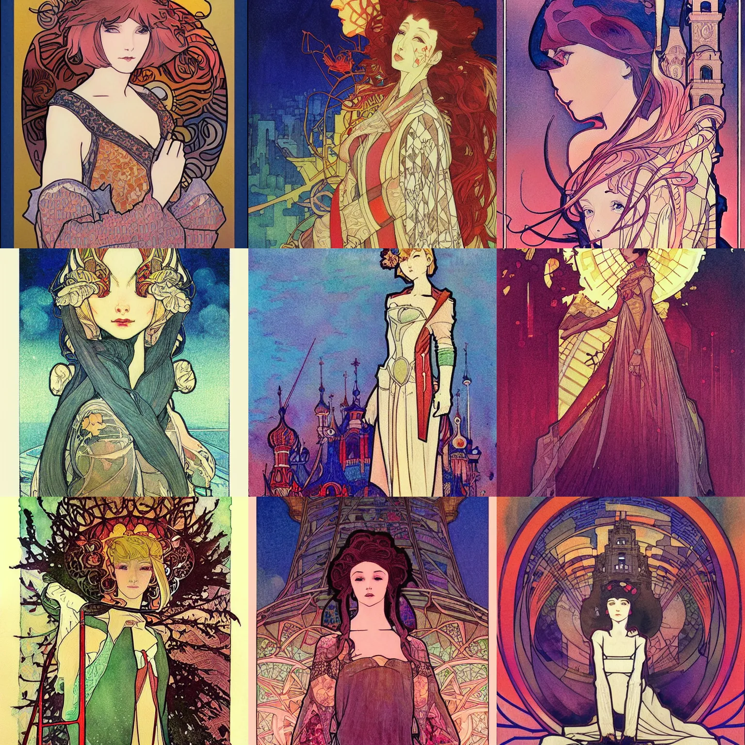 Prompt: the tower. beautiful, realistic painting by mucha and kuvshinov and bilibin and malevich. synthwave watercolor, thick lining, manga, soviet realism