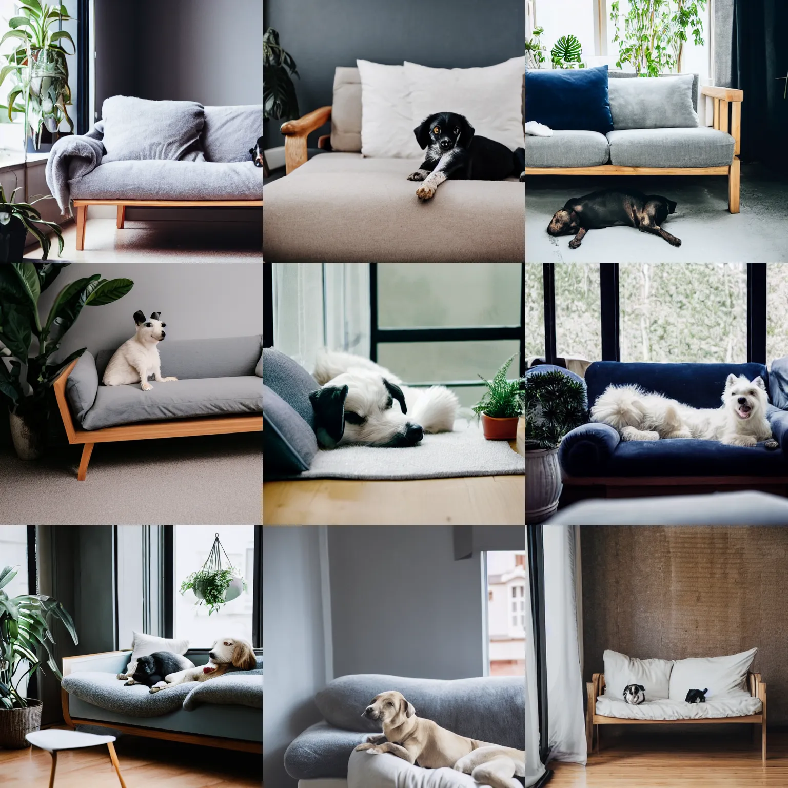 Prompt: a small white - faced black dog, lying down on a blueish grey sofa, light beige pillows, house plants and wood furniture in the background, next to a window, modern house, indoors, dim light, photograph, 4 k, shot on iphone, for a catalogue