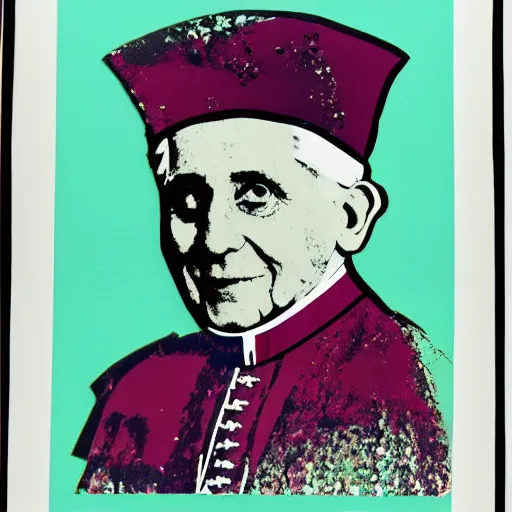 Image similar to portrait of pope benedict xvi wearing tiara on the top of his head in the style of screen print by andy warhol. pop art