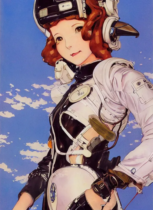 Image similar to a copic maker art nouveau portrait of an anime waifu on a futuristic latex pilot suit by john berkey norman rockwell