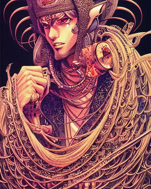Image similar to hyper detailed illustration of abu yusif, intricate linework, lighting poster by moebius, ayami kojima, 9 0's anime, retro fantasy