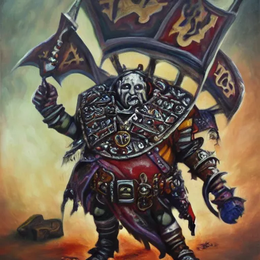 Image similar to chaos dwarf smith in the style of warhammer fantasy : : head and torso oil painting