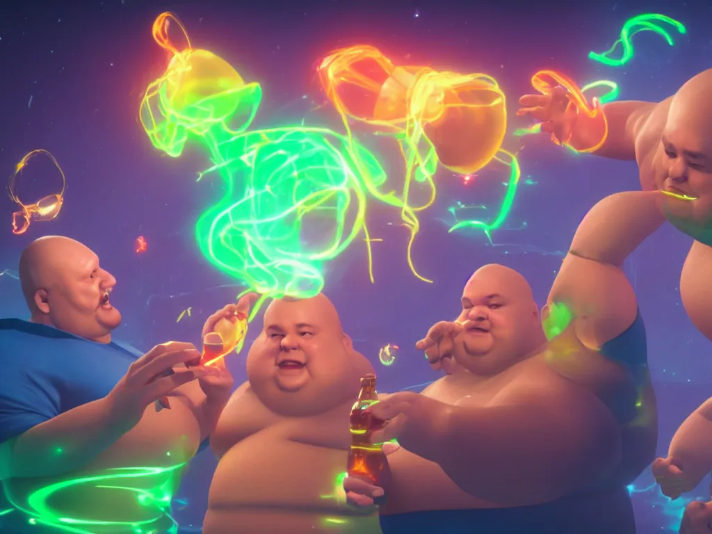 Prompt: a hyperrealistic portrait render of two fat bald men opening a bottle of glowing worms and drinking fluorescent liquid in the cosmos, unreal engine 8k