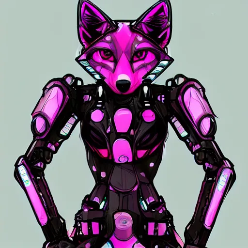 Image similar to digital art artstation, pixiv, portrait of a robotic fox with cybernetic body with pink hair, character fursona furry, furaffinity