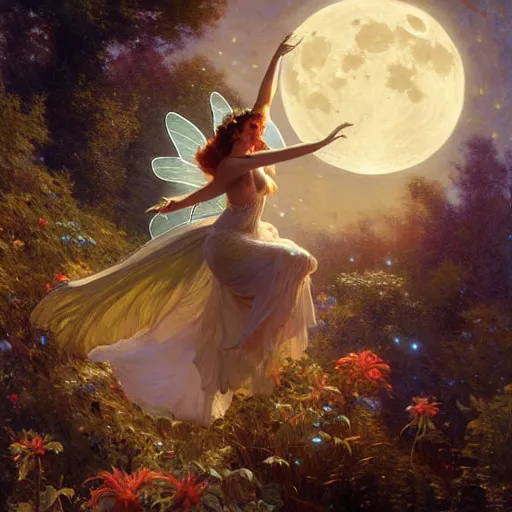 Image similar to attractive fairy magically floating high in the night, fantasy, full moon in background. highly detailed painting by gaston bussiere, craig mullins, j. c. leyendecker, mid shot, 8 k realistic, cryengine, frostbite 3 engine, sharp focus