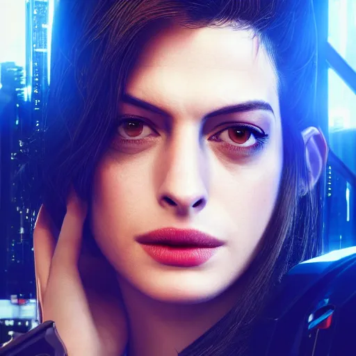 Image similar to anne hathaway portrait, cyberpunk 2 0 7 7, cyberpunk judy alvarez, photorealistic, ultra detailed, neon, octane, bokeh, cinematic lighting, cyber, cyberpunk city, studio quality, feature, scars, cyberface, 8 k