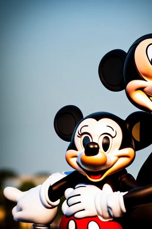 Image similar to tony soprano hugging mickey mouse, extreme bokeh, 7 5 mm