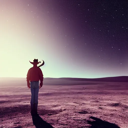 Image similar to cowboy standing on the moon, looking up at earth among the stars, photorealistic, octane render, blender render, unreal engine, 3 5 mm