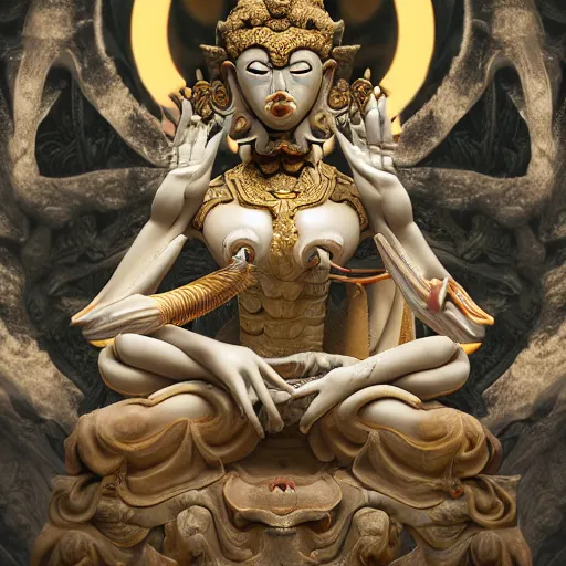 Image similar to naraka buddhist demon korean female, highly detailed, symmetrical long head, smooth marble surfaces, detailed ink illustration, raiden metal gear, cinematic smooth stone, deep aesthetic, concept art, post process, 4 k, carved marble texture and silk cloth, latex skin, highly ornate intricate details, in the style of 8 8 grzes