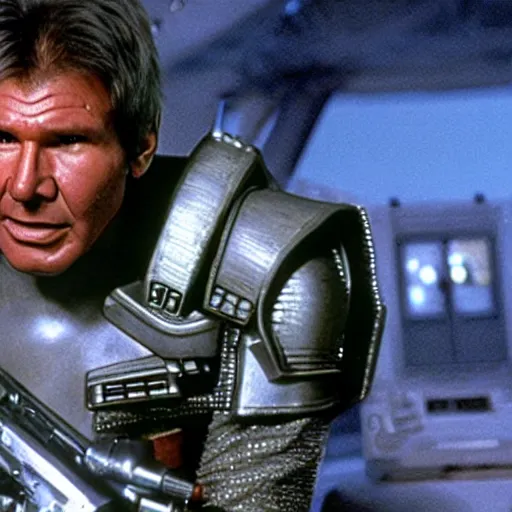 Image similar to movie still, 1 9 8 0 s, harrison ford as armored alien hunter, hyperdetailed, blue leds