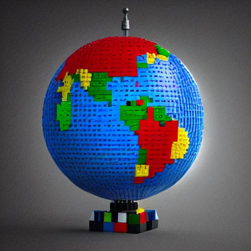 Image similar to a globe made of lego, realistic, award winning, detailed, 8k, studio lighting, HD, hyper realistic, unreal engine, octane render, cycles render,