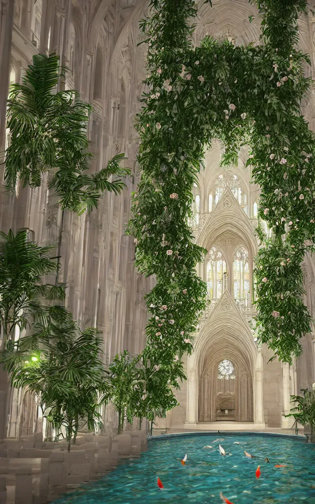 Image similar to beautiful grand cathedral interior with!! koi pond!! in the! middle! surrounded by palm trees, ivy,!! flowers!!, ( tropical plants ),!! roses!!, and with archways, rendered in octane render with photorealistic volumetric cinematic lighting, wide angle, horizontal symmetry, symmetrical! 8 k