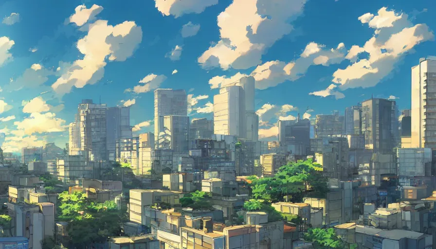 Prompt: cityscape, makoto shinkai style, anime, pixiv fanbox, sunny, blue skies