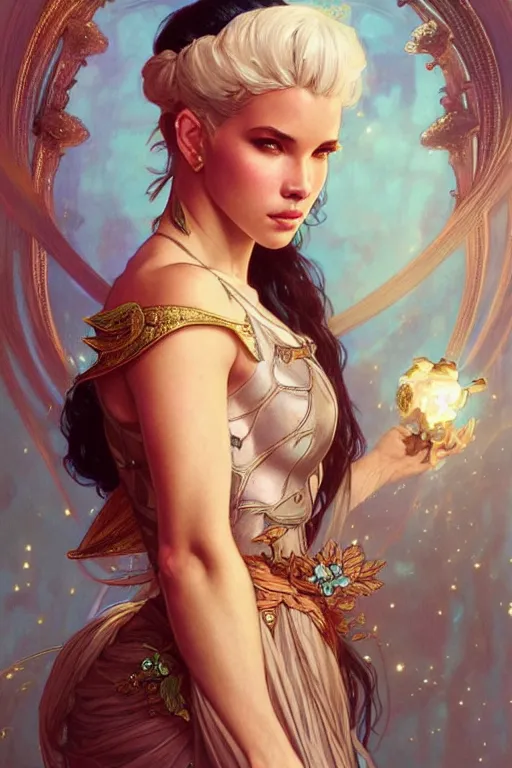 Image similar to Halsey as a princess, fantasy, intricate, elegant, highly detailed, digital painting, artstation, concept art, matte, sharp focus, illustration, art by Artgerm and Greg Rutkowski and Alphonse Mucha