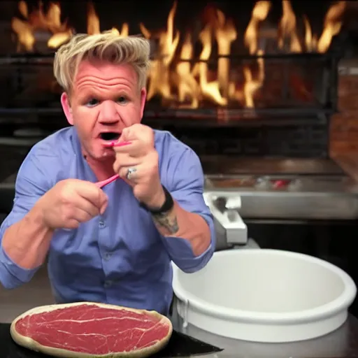 Prompt: gordon ramsay dipping steak into a toilet and eating it