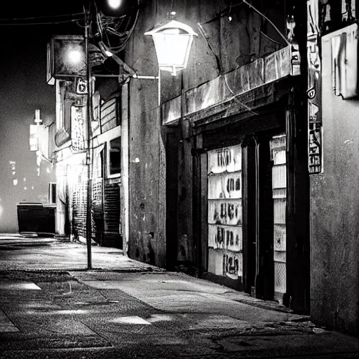 Image similar to lonely old lantern on empty cyberpunk street at night