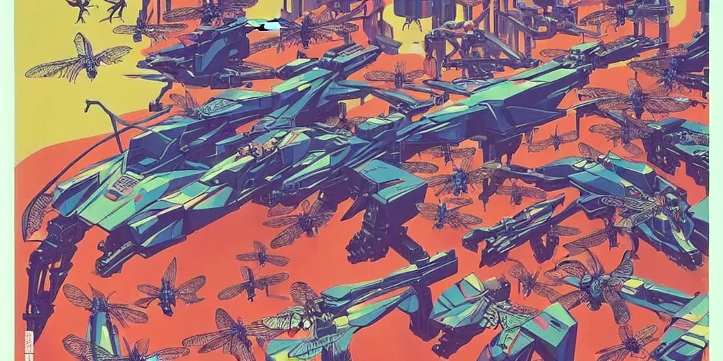 Image similar to risograph rendition, gigantic mecha arzach birds with dragonflies, tiny rats, a lot of exotic animals around, big human faces everywhere, helicopters and tremendous birds, by satoshi kon and moebius, matte bright colors, surreal design, crispy, super - detailed, a lot of tiny details, fullshot