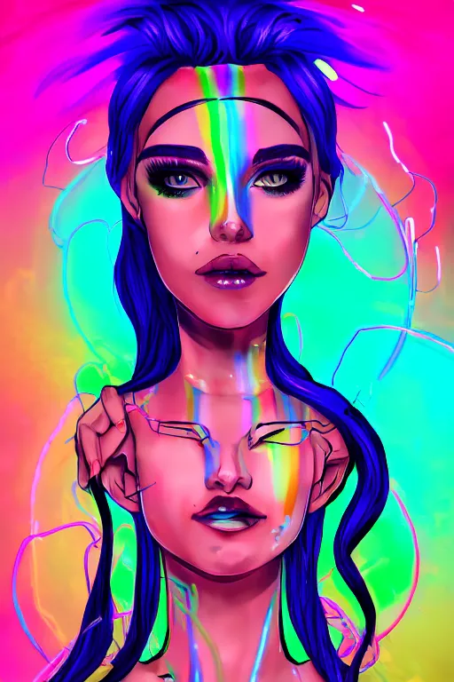 Image similar to a award winning portrait of a beautiful woman with stunning eyes in a one off shoulder croptop and cargo pants with rainbow colored hair, outlined by whirling illuminated neon lines and fine lines swirling in circles by ossdraws, digital art, trending on artstation