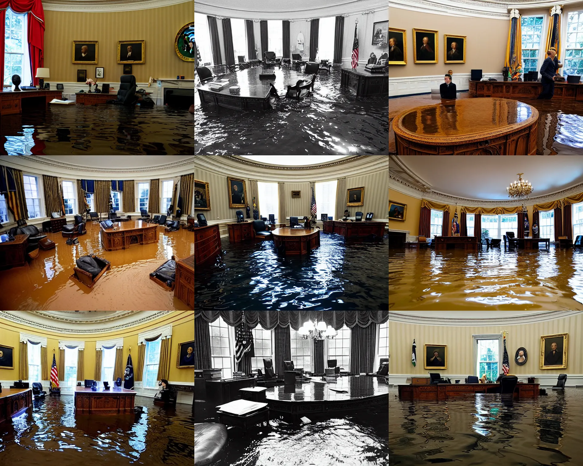 Prompt: interior of the Oval Office, flooded under 3 feet of water