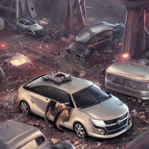 Prompt: car dump with the remains of robots. gloomy future. people are cats in work clothes. anthropomorphic cats in the middle of a car dump. artstation trend, 4 k, high detail. wow. digital render