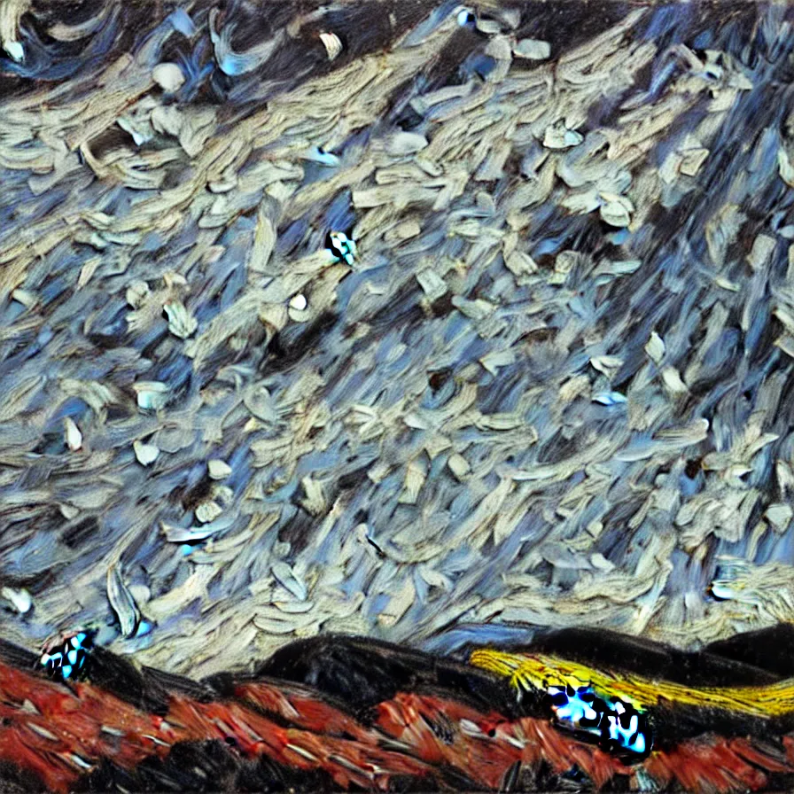 Image similar to thick impasto textured oil black and white painting of the laurentian appalachian mountains in winter by vincent van gogh, unique, original and creative landscape, snowy night, distant town lights, aurora borealis, deers and ravens, footsteps in the snow, brilliant composition