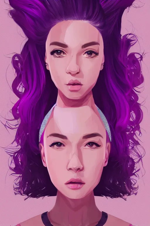 Image similar to a award winning half body portrait of a beautiful woman in a croptop and cargo pants with ombre purple pink teal hairstyle with head in motion and hair flying by wlop, outrun, vaporware, shaded flat illustration, digital art, trending on artstation, highly detailed, fine detail, intricate