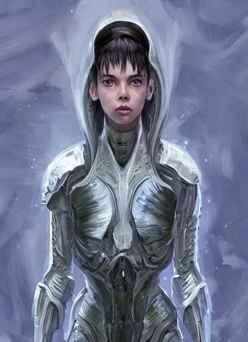 Image similar to a professional painting of a beautiful young female alien, clothed in ethereal armor, olive skin, long dark hair, beautiful bone structure, symmetrical facial features, intricate, elegant, digital painting, concept art, smooth, sharp focus, illustration, from Valerian and the City of a Thousand Planets, by Ruan Jia and Mandy Jurgens and Artgerm and William-Adolphe Bouguerea