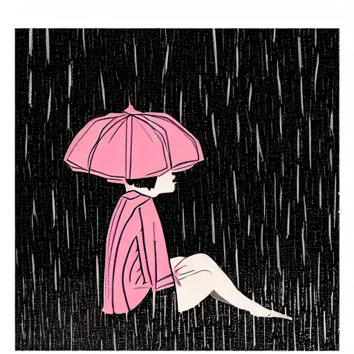 Prompt: sad girl sitting in a raining city, artistic, stylised